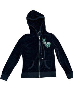 BCBGMAXAZRIA Y2K Velour Black and Green Zip Up Hoodie Size Small